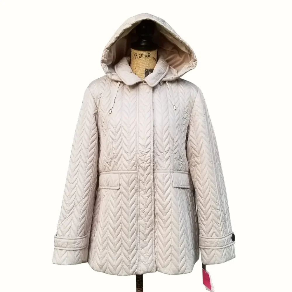 Kate Spade Quilted Moto Jacket Size XL Tan Hooded Coat Water Resistant New